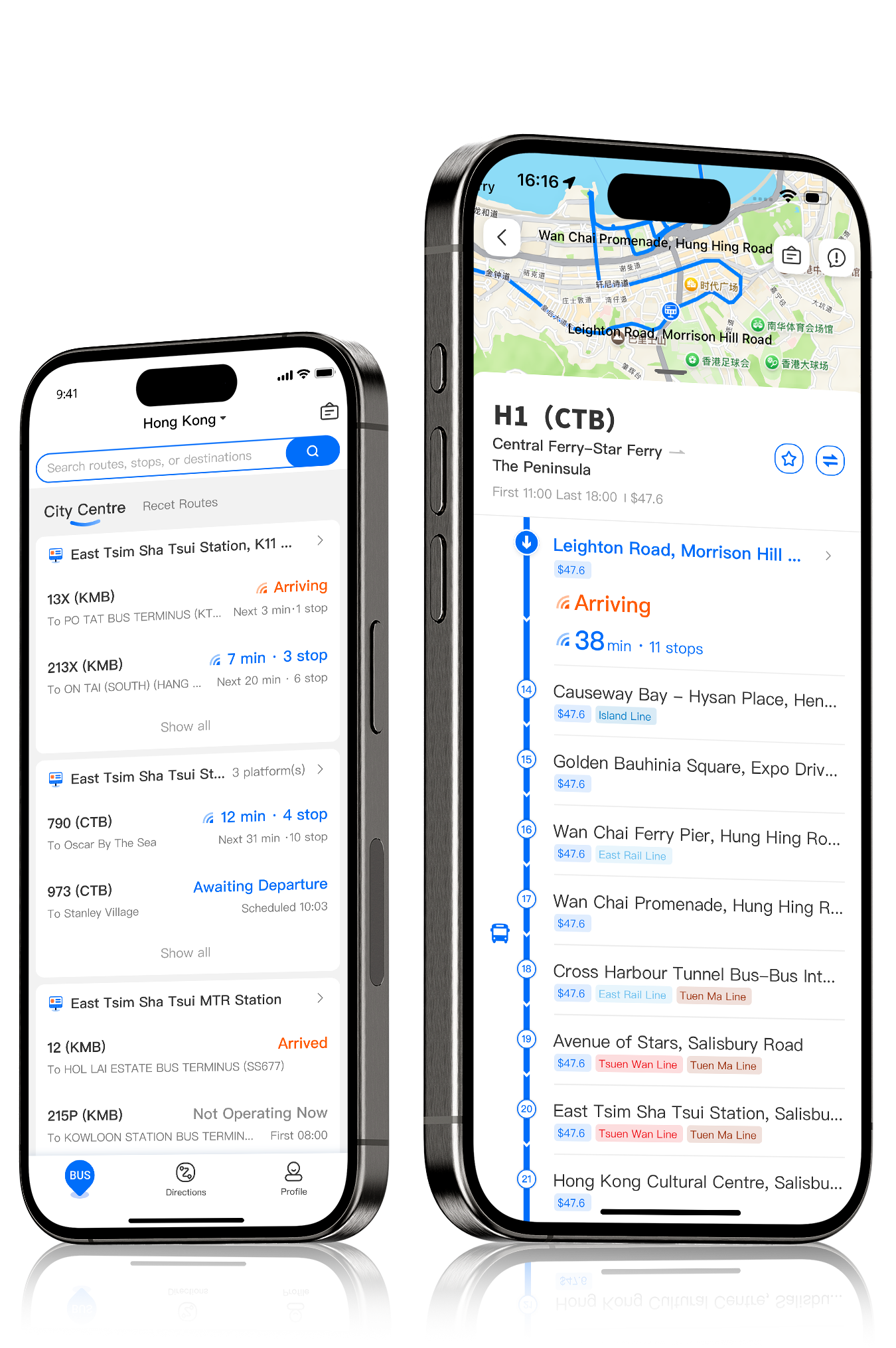 Busio app real-time bus tracking and bus line details feature displayed in English